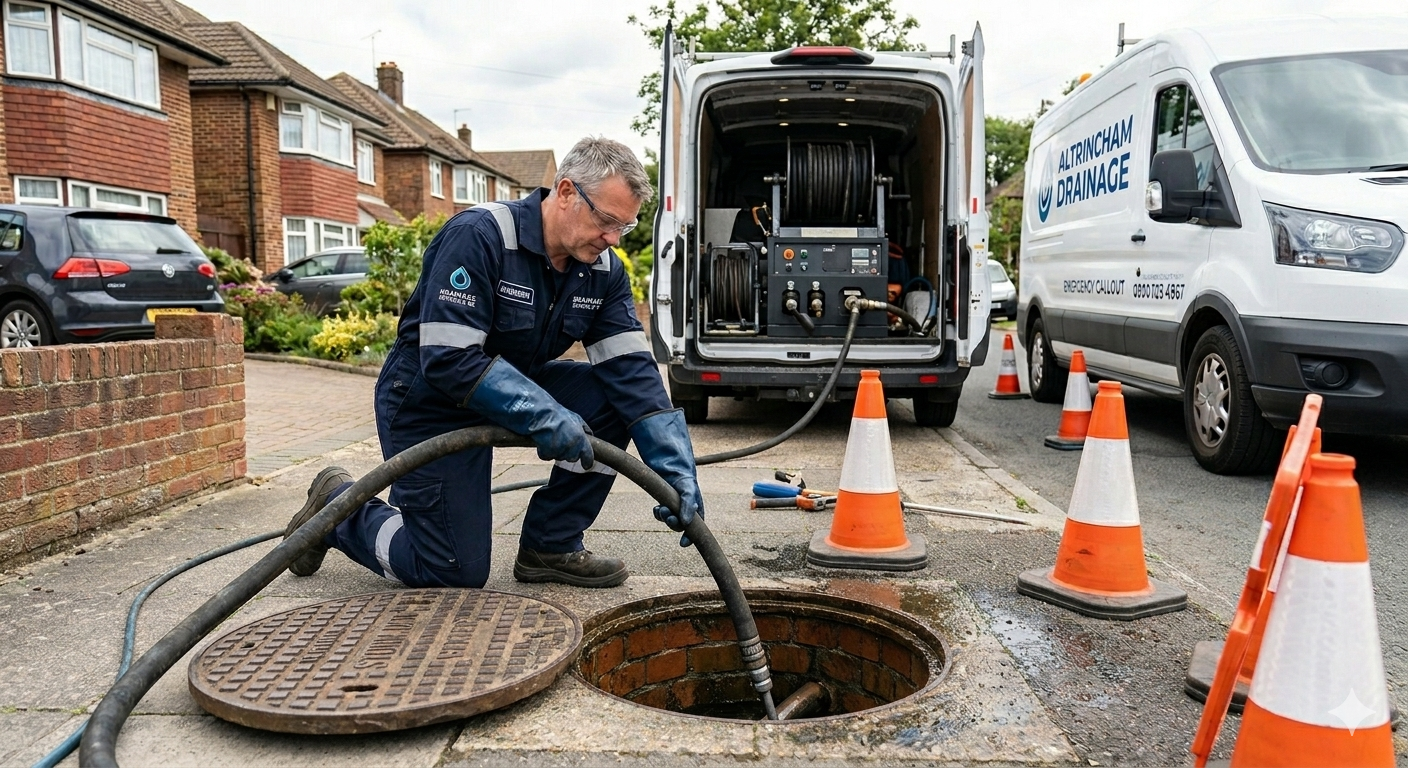 Local drainage engineer unblocking a drain in Altrincham
